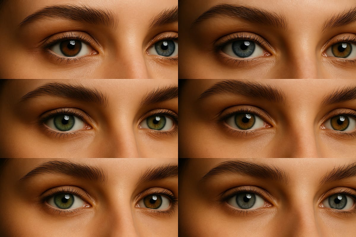 Tablero estilo revista con categorías de colores de ojos de celebridades y primeros planos anónimos de iris marrones, azules, verdes, avellana y grises