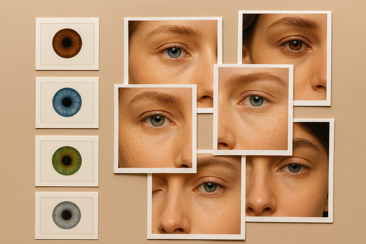 Composición de estudio con muestras de colores de ojos y retratos editoriales recortados solo a la zona de los ojos
