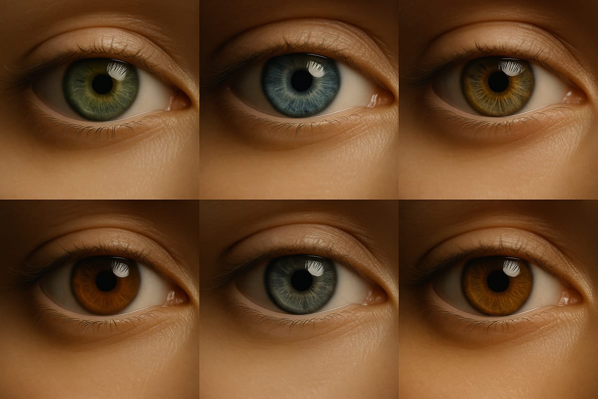 Alineación elegante de colores de iris en formato editorial de ranking de belleza con tonos verdes, azules, avellana, marrones, grises y ámbar