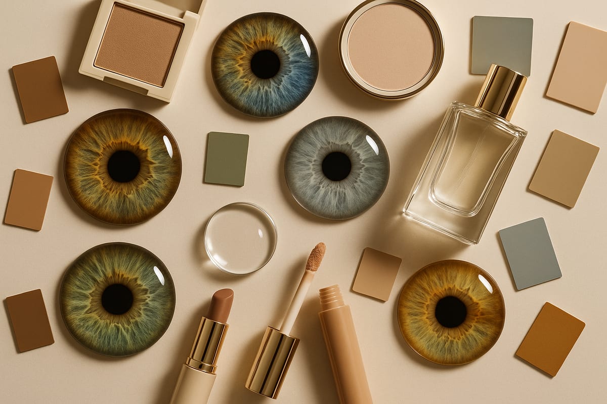 Paleta de belleza inspirada en colores de ojos con texturas de iris, luz suave y accesorios neutros de estilo premium