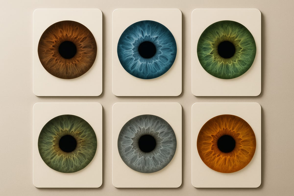 Tarjetas editoriales comparando grupos de color de ojos con etiquetas limpias y texturas de iris