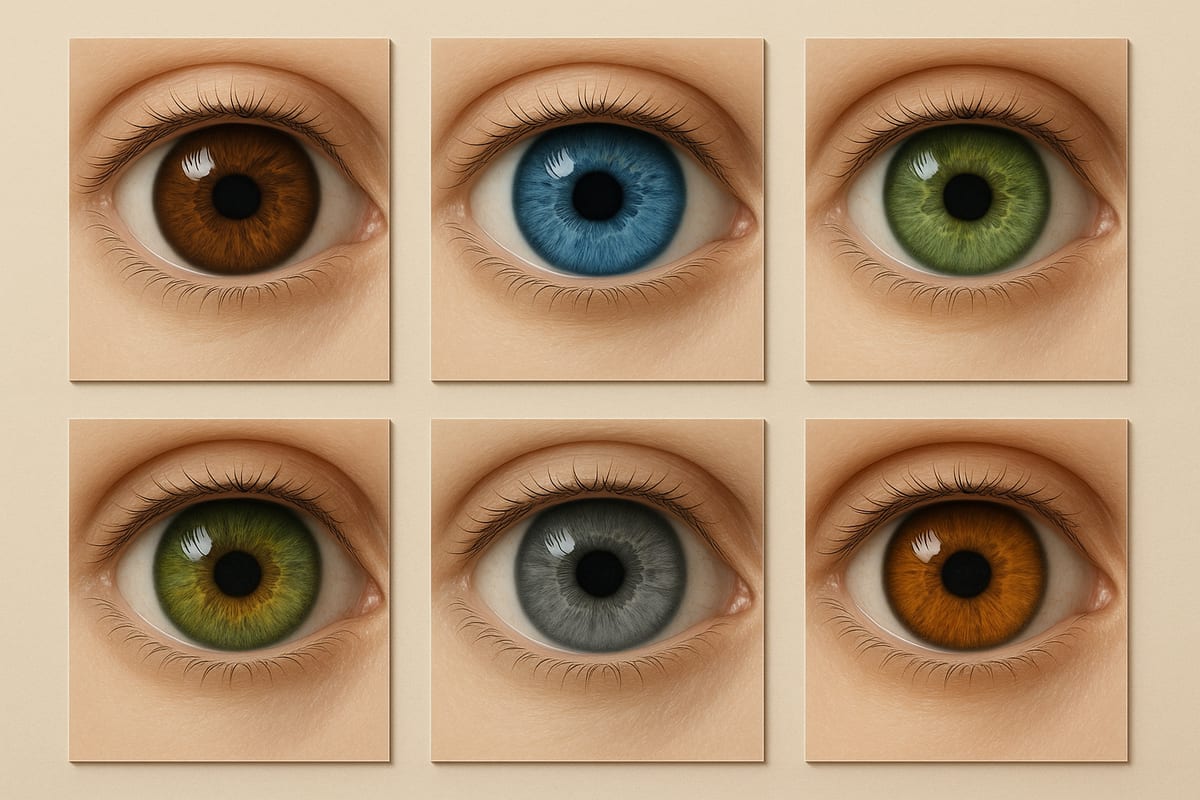 Tabla estilizada de personalidad por color de ojos con muestras de iris marrón, azul, verde, avellana, gris y ámbar
