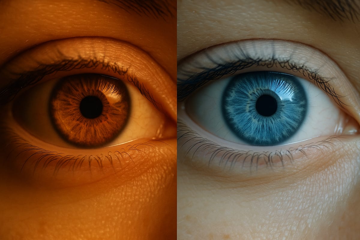Side-by-side iris close-ups showing how eye color changes under different lighting conditions