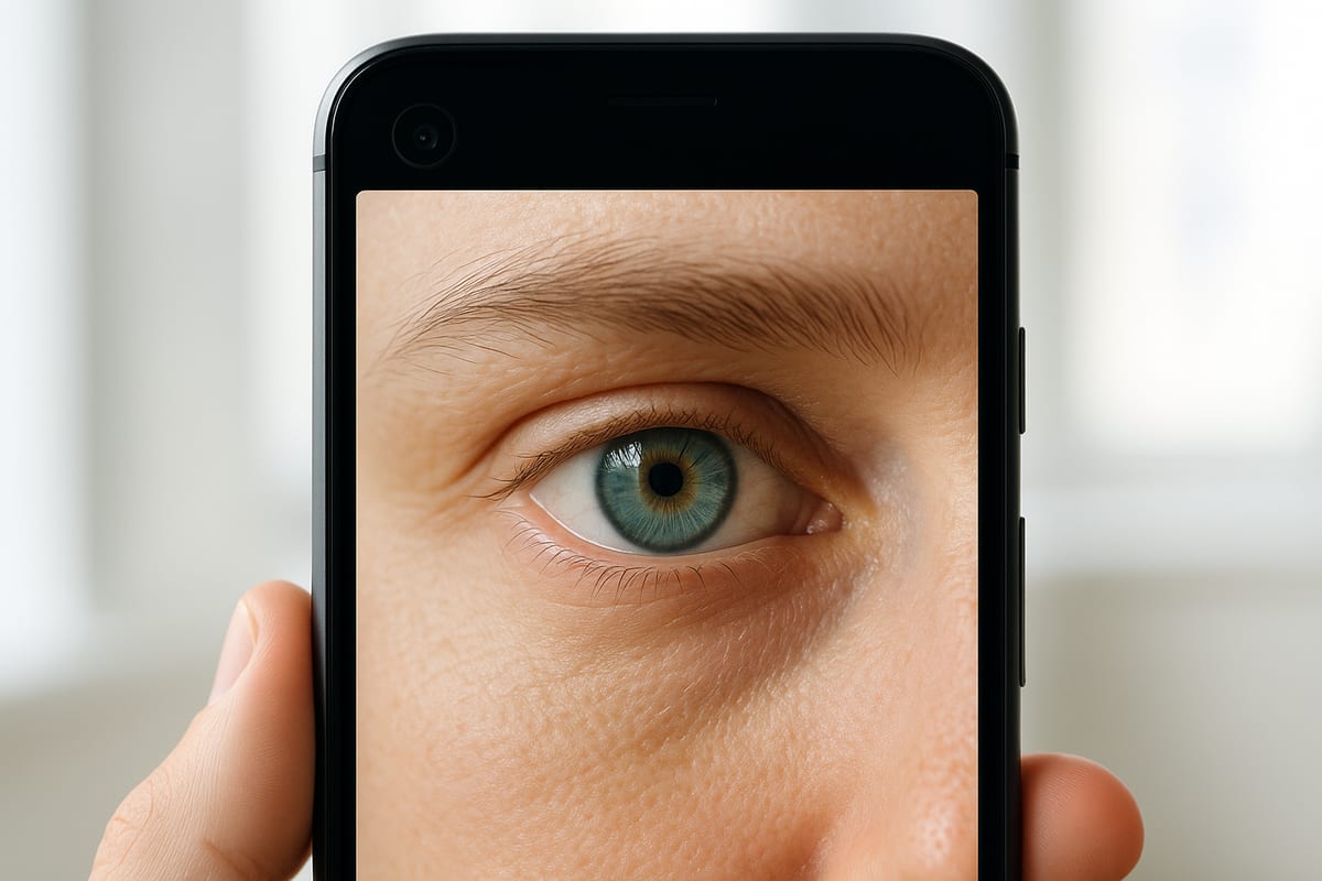 Phone camera framing a close-up eye for a clean online eye color scan
