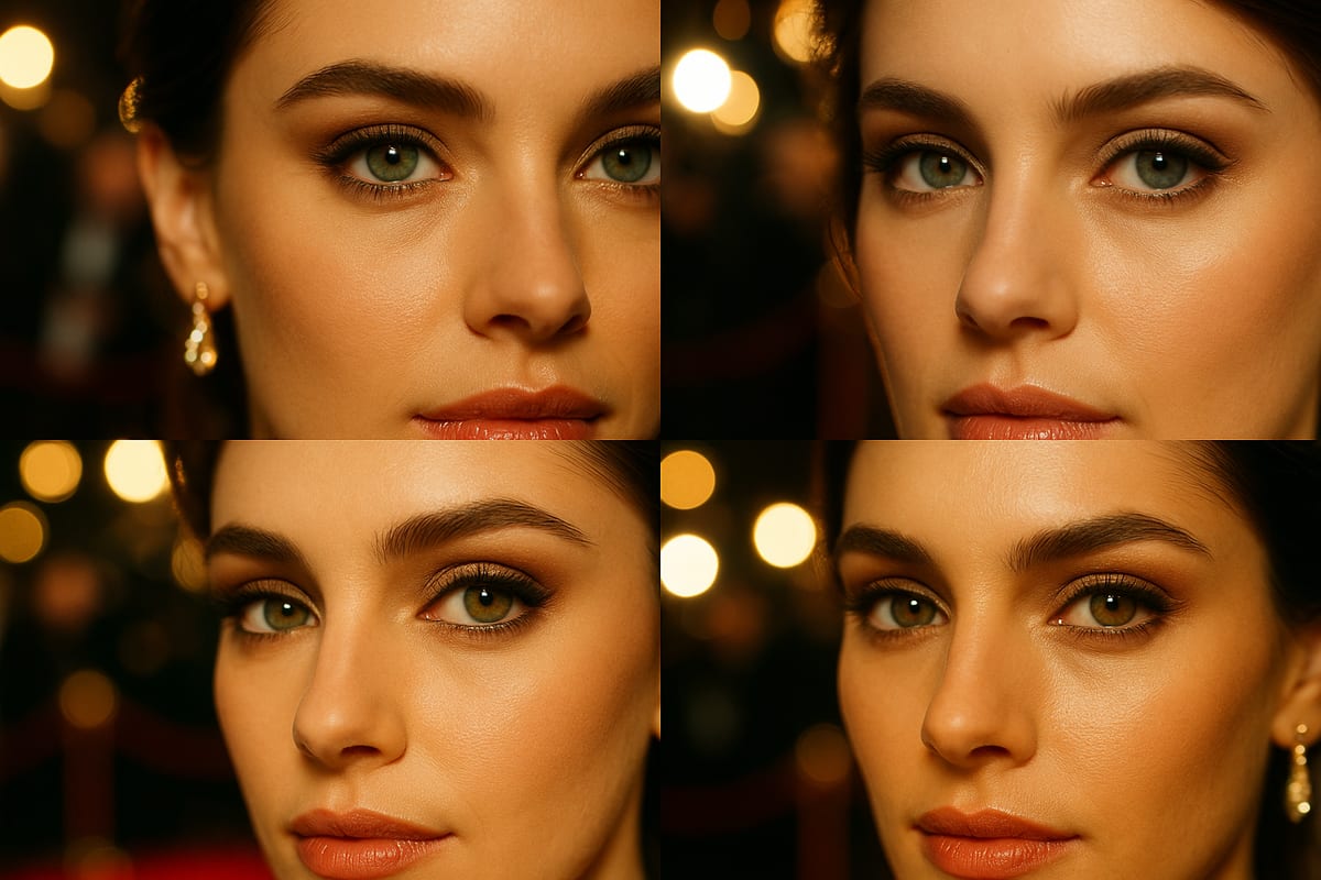 Collage editorial de ojos verdes, grises, avellana y ámbar con ambiente de alfombra roja y sin rostros identificables