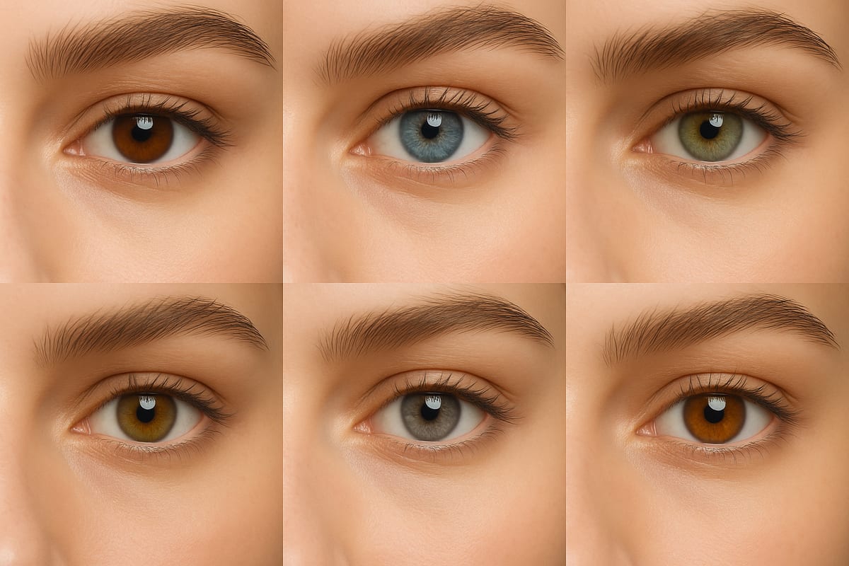 Editorial collage of brown, blue, green, hazel, gray, and amber eyes arranged in a clean magazine-style grid