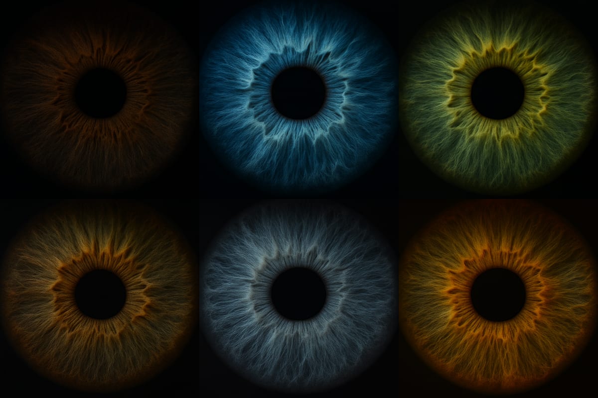 Close-up eye color spectrum showing how lighting changes the look of brown, blue, green, and hazel irises