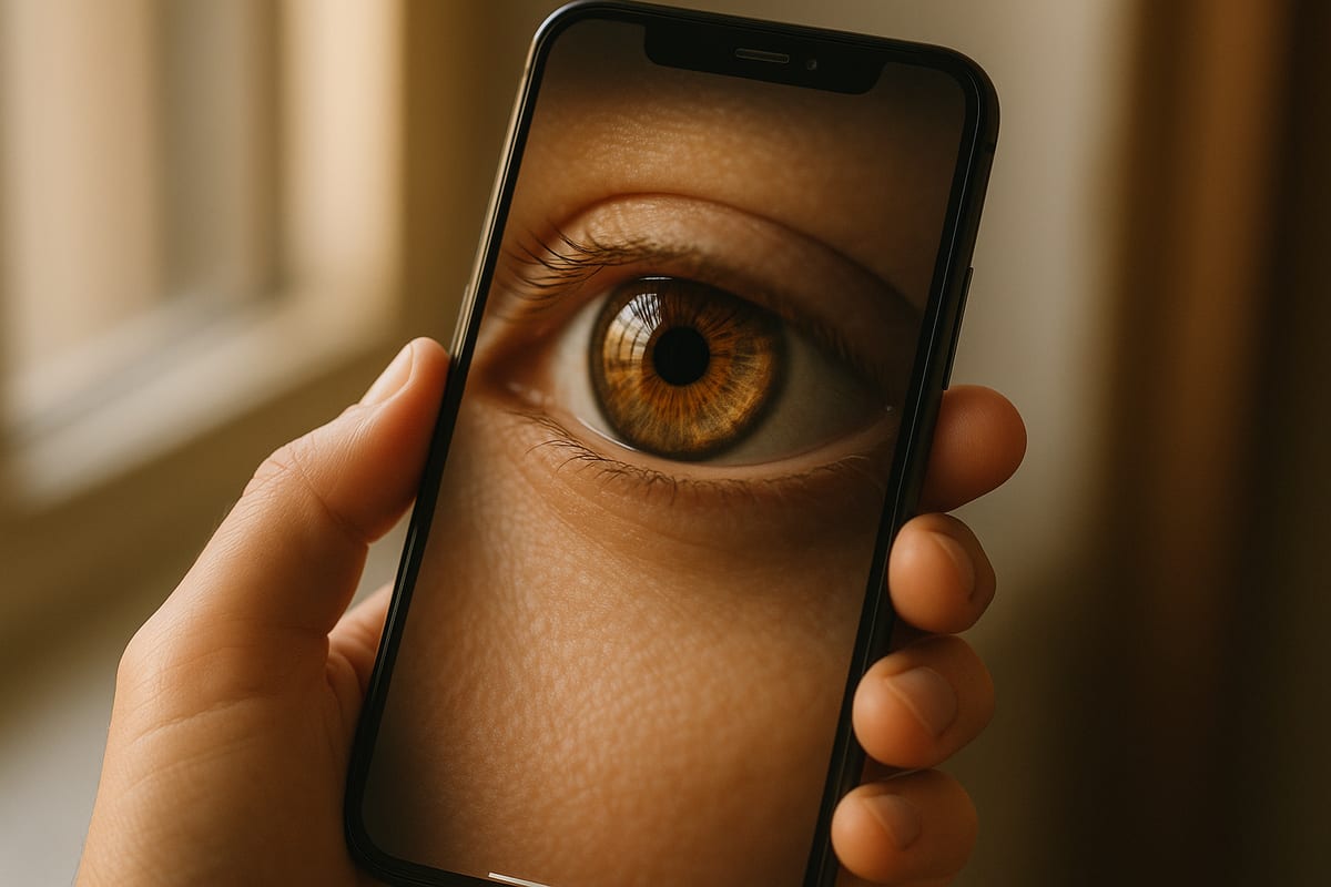 Close-up editorial image of an eye being reviewed on a phone screen with natural iris detail visible