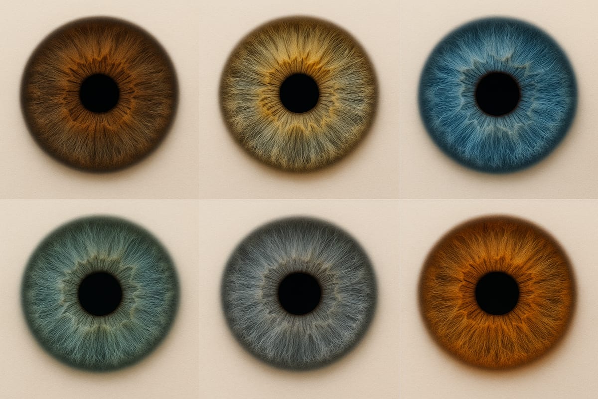 Editorial layout showing several iris close-ups in brown, hazel, blue, green, gray, and amber tones
