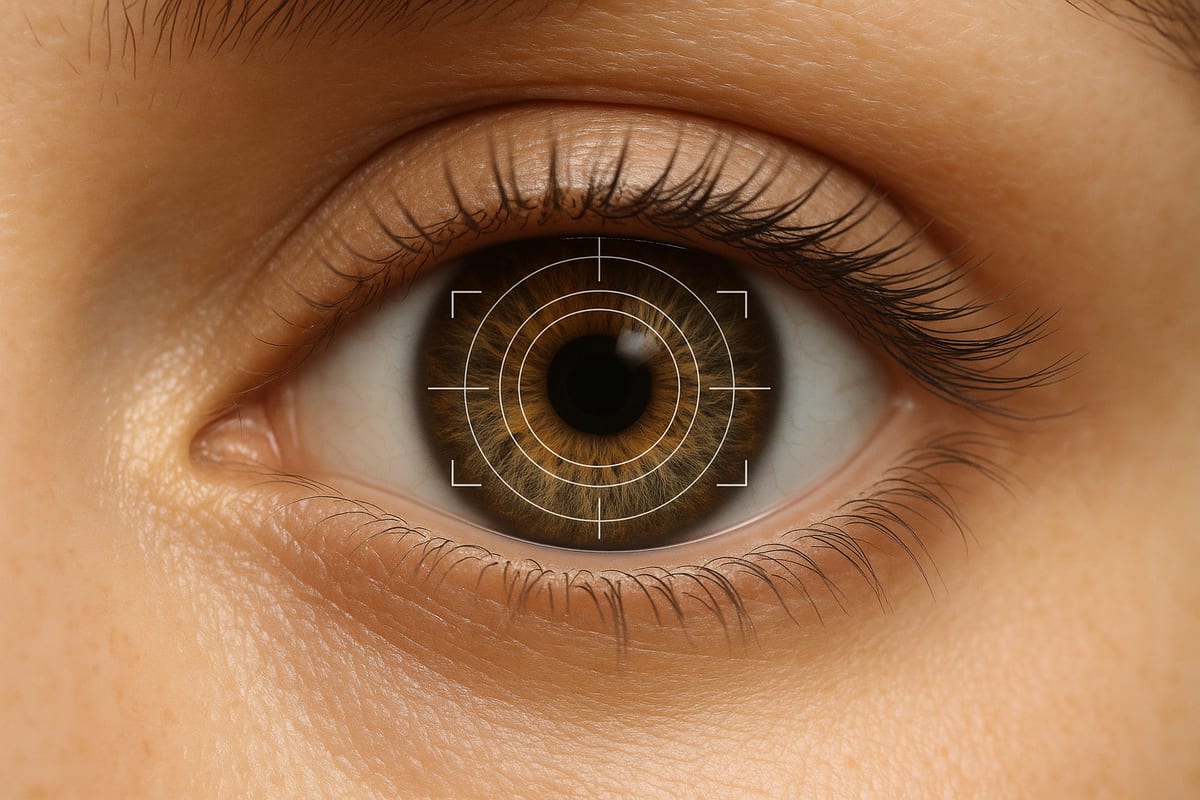 Macro eye photograph with subtle colored guides suggesting iris color detection