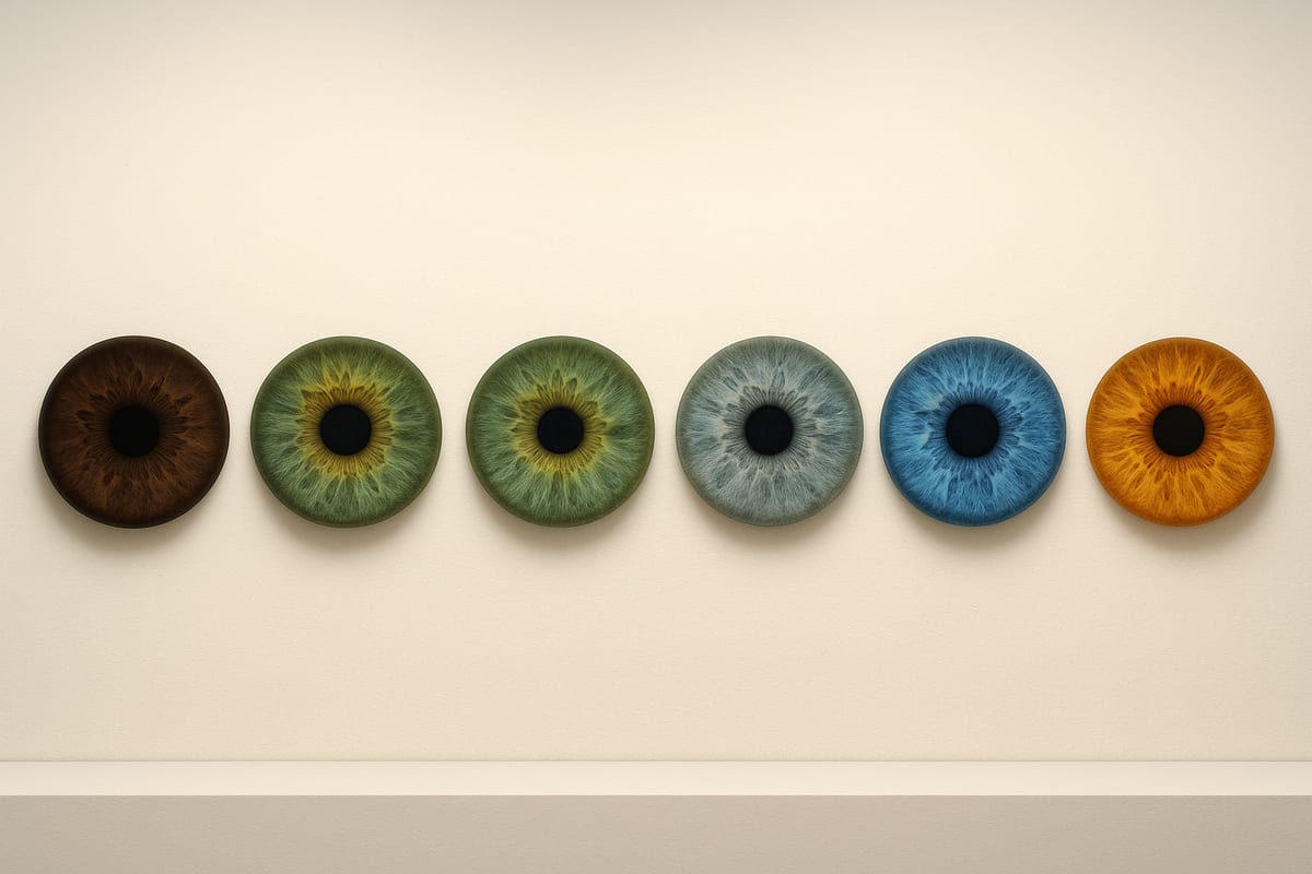 Editorial iris lineup from dark brown through hazel, green, gray, blue, and amber for comparison