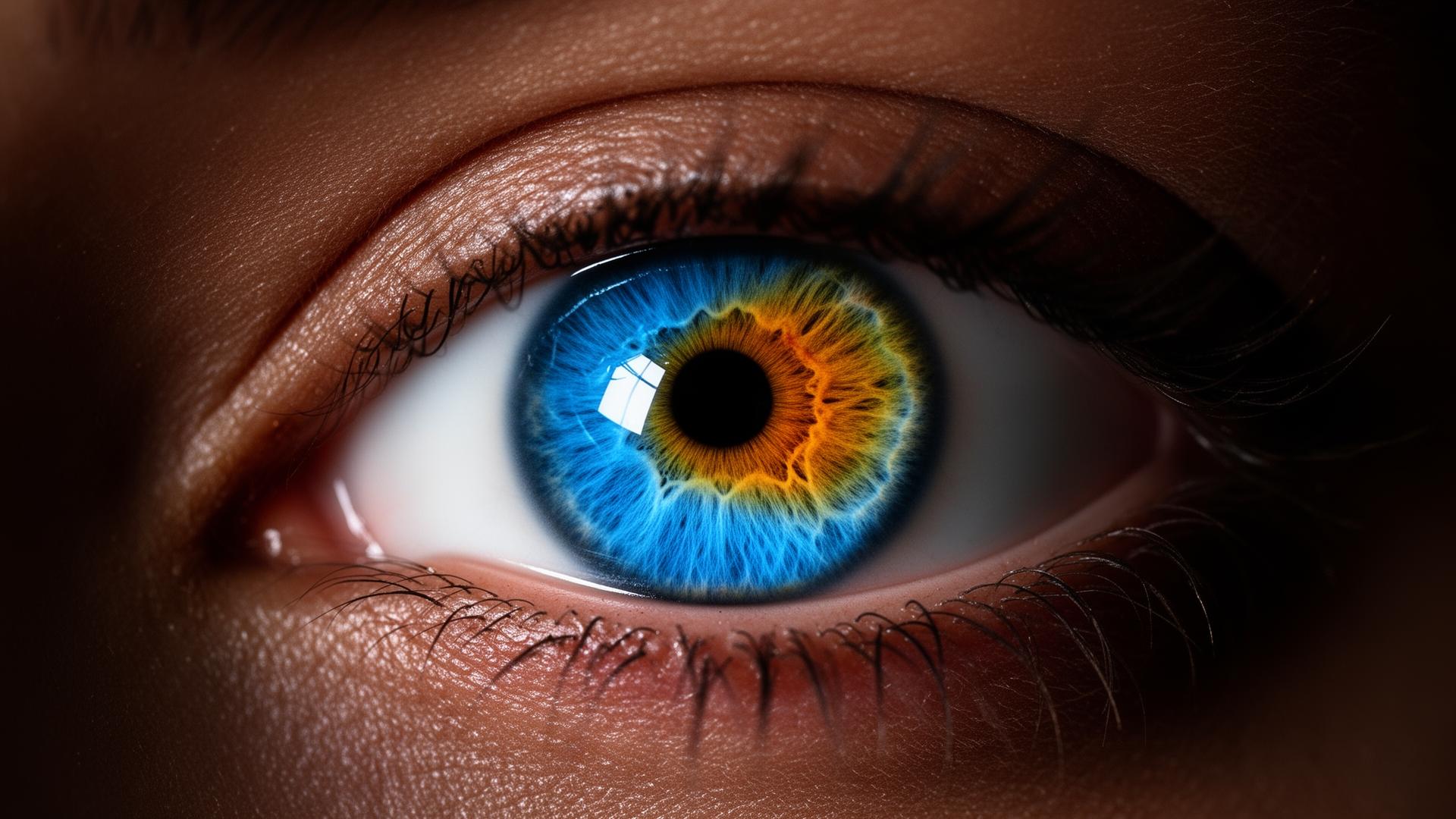 Close-up of an eye showing vivid blue and amber iris tones